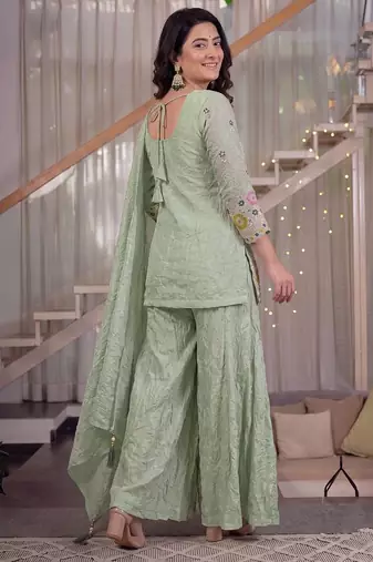 Light green fendi crush sequin sharara suit