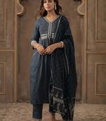Motifs Embroidered  Cotton V-Neck Straight Kurta With Trousers & Dupatta