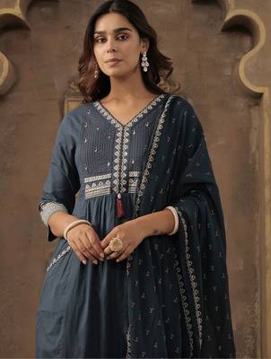 Motifs Embroidered  Cotton V-Neck Straight Kurta With Trousers & Dupatta 2