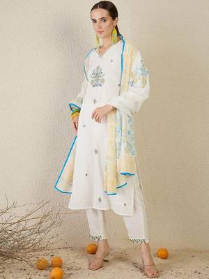 Women White Embroidered Straight Kurta Trousers With Dupatta set 1