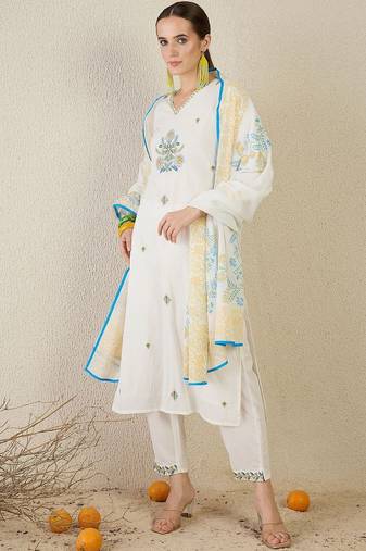 Women White Embroidered Straight Kurta Trousers With Dupatta set
