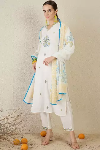 Women White Embroidered Straight Kurta Trousers With Dupatta set