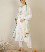 Women White Embroidered Straight Kurta Trousers With Dupatta set