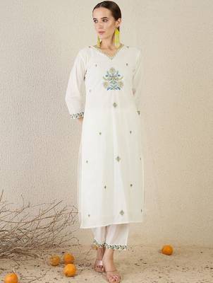 Women White Embroidered Straight Kurta Trousers With Dupatta set 2