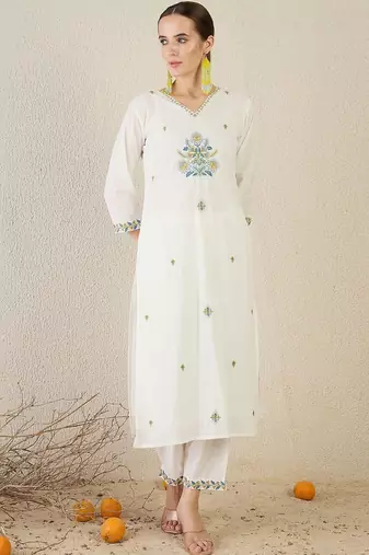 Women White Embroidered Straight Kurta Trousers With Dupatta set