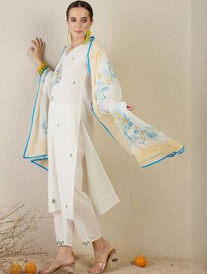 Women White Embroidered Straight Kurta Trousers With Dupatta set 4