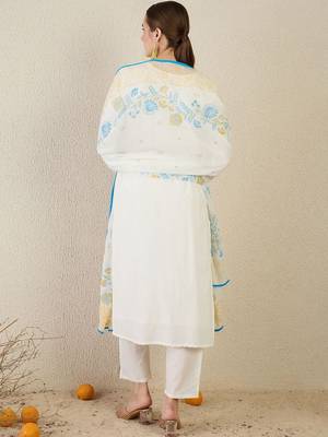 Women White Embroidered Straight Kurta Trousers With Dupatta set 5