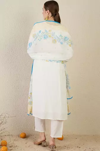 Women White Embroidered Straight Kurta Trousers With Dupatta set