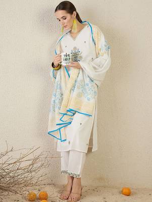 Women White Embroidered Straight Kurta Trousers With Dupatta set 6