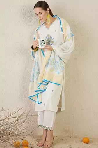 Women White Embroidered Straight Kurta Trousers With Dupatta set