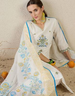 Women White Embroidered Straight Kurta Trousers With Dupatta set 7