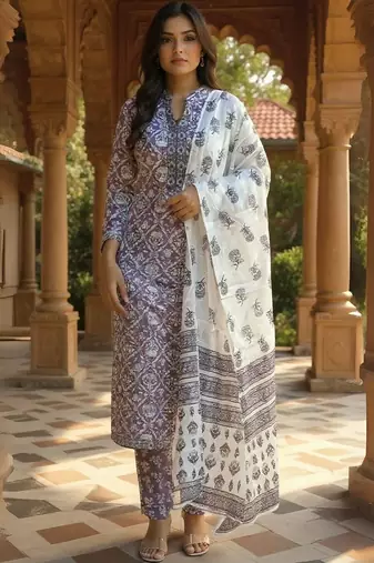 Women Ethnic Motifs Printed Regular Pure Cotton Kurta & Trousers With Dupatta