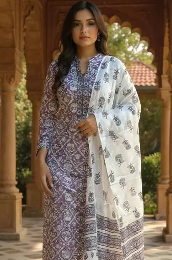 Women Ethnic Motifs Printed Regular Pure Cotton Kurta & Trousers With Dupatta