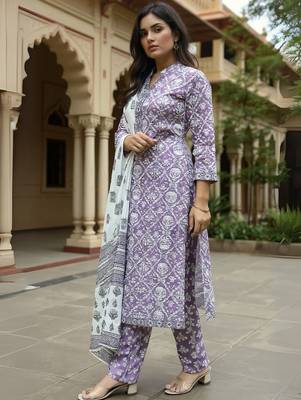 Women Ethnic Motifs Printed Regular Pure Cotton Kurta & Trousers With Dupatta 3
