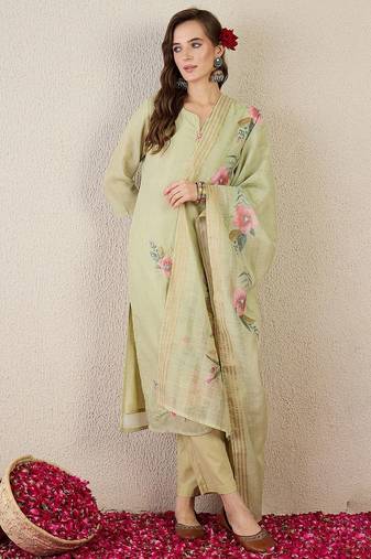 Women Floral Embroidered Cotton Kurta with Trousers & Dupatta