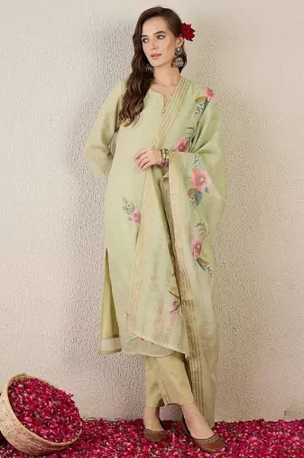 Women Floral Embroidered Cotton Kurta with Trousers & Dupatta