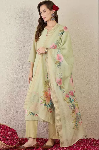 Women Floral Embroidered Cotton Kurta with Trousers & Dupatta