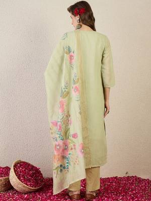Women Floral Embroidered Cotton Kurta with Trousers & Dupatta 4