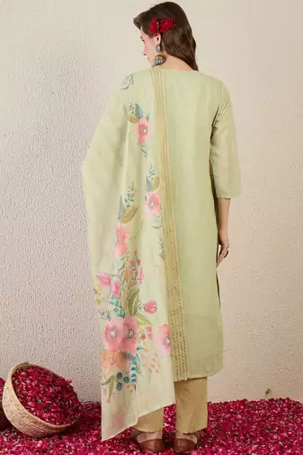 Women Floral Embroidered Cotton Kurta with Trousers & Dupatta