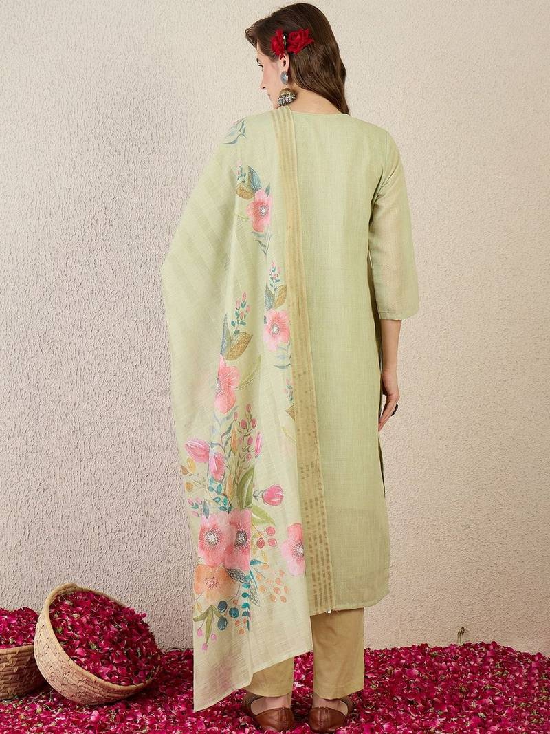 Women Floral Embroidered Cotton Kurta with Trousers & Dupatta