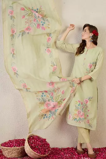 Women Floral Embroidered Cotton Kurta with Trousers & Dupatta