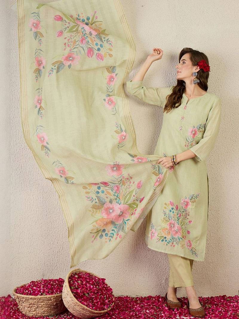 Women Floral Embroidered Cotton Kurta with Trousers & Dupatta