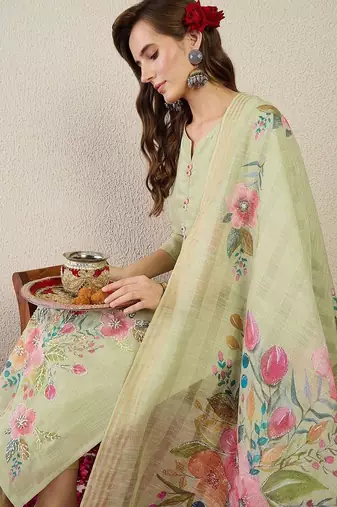 Women Floral Embroidered Cotton Kurta with Trousers & Dupatta