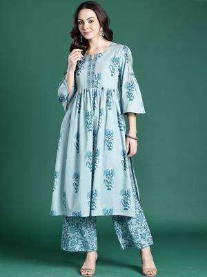 Women Floral Printed Empire Thread Work  Cotton Kurta with Palazzos 1