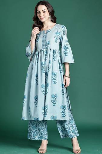 Women Floral Printed Empire Thread Work  Cotton Kurta with Palazzos