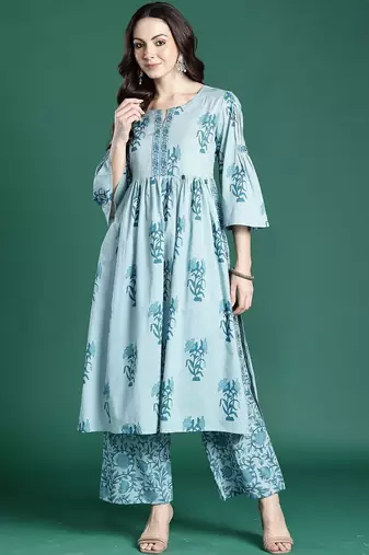Women Floral Printed Empire Thread Work  Cotton Kurta with Palazzos