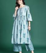 Women Floral Printed Empire Thread Work  Cotton Kurta with Palazzos