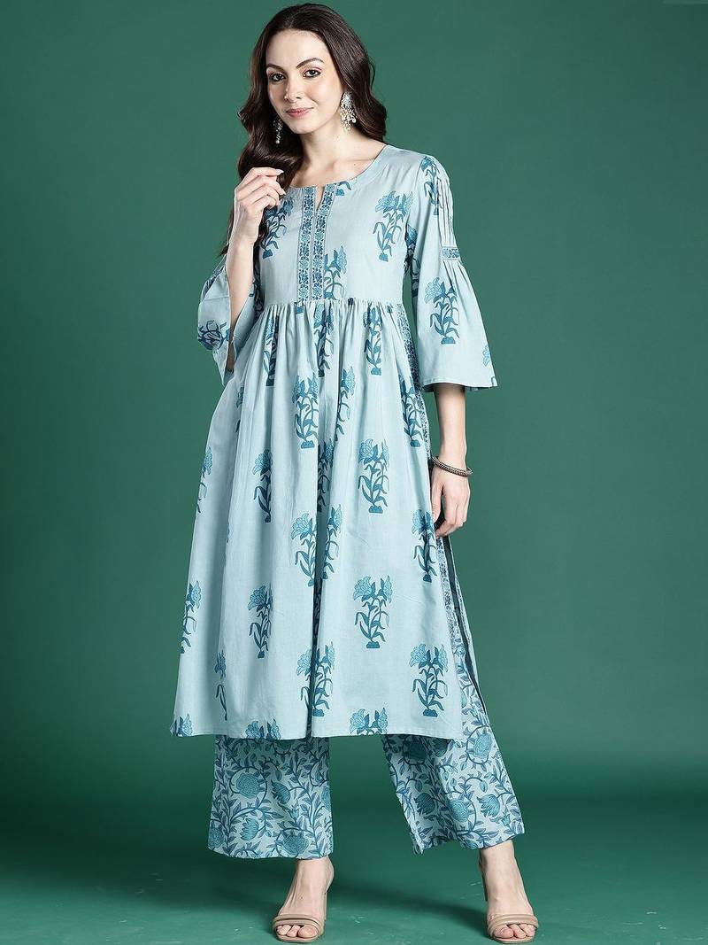 Women Floral Printed Empire Thread Work Pure Cotton Kurta with Palazzos