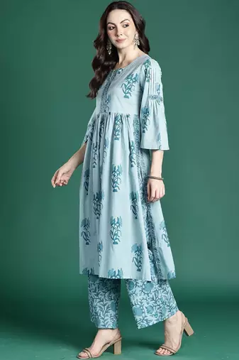 Women Floral Printed Empire Thread Work  Cotton Kurta with Palazzos