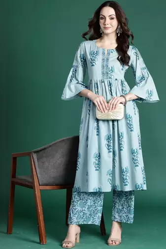 Women Floral Printed Empire Thread Work  Cotton Kurta with Palazzos