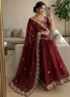 Maroon Color embroidery And sequence work Satin Saree 1