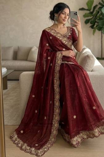 Maroon embroidery And sequin work Satin Saree