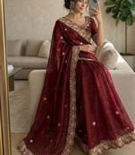 Maroon Color embroidery And sequence work Satin Saree