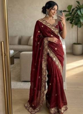 Maroon Color embroidery And sequence work Satin Saree 2