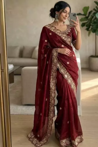 Maroon Color embroidery And sequence work Satin Saree