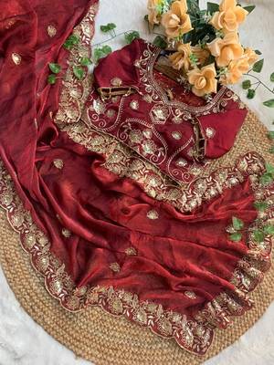 Maroon Color embroidery And sequence work Satin Saree 3