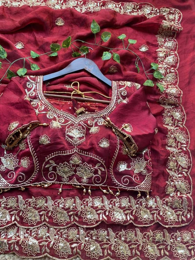 Maroon Color embroidery And sequence work Satin Saree