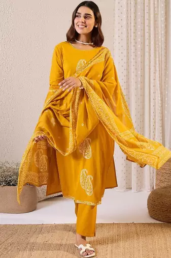 Women Paisley Printed Pure Cotton Kurta with Trouser & Dupatta
