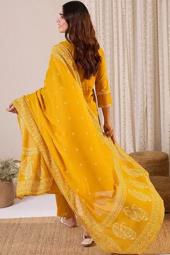 Women Paisley Printed Pure Cotton Kurta with Trouser & Dupatta