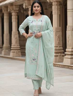Women Ethnic Motifs Embroidered Regular Thread Work  Cotton Kurta Set 1