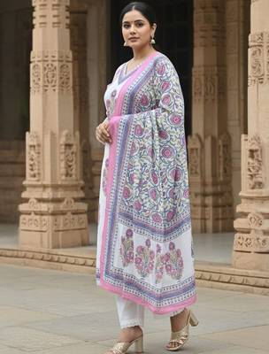 Women Floral Printed Regular  Cotton Kurta with Trousers & With Dupatta 2