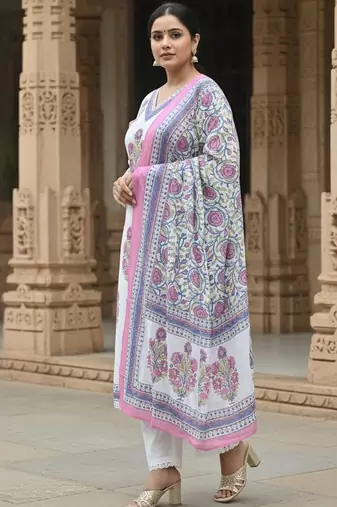 Women Floral Printed Regular Pure Cotton Kurta with Trousers & With Dupatta