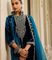 Women Ethnic Motifs Embroidered Regular Velvet Kurta with Trousers & Dupatta