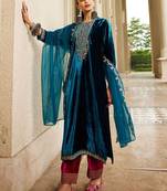 Women Ethnic Motifs Embroidered Regular Velvet Kurta with Trousers & Dupatta