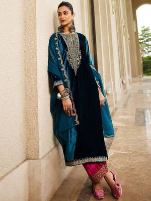 Women Ethnic Motifs Embroidered Regular Velvet Kurta with Trousers & Dupatta 3