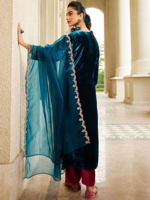 Women Ethnic Motifs Embroidered Regular Velvet Kurta with Trousers & Dupatta 4